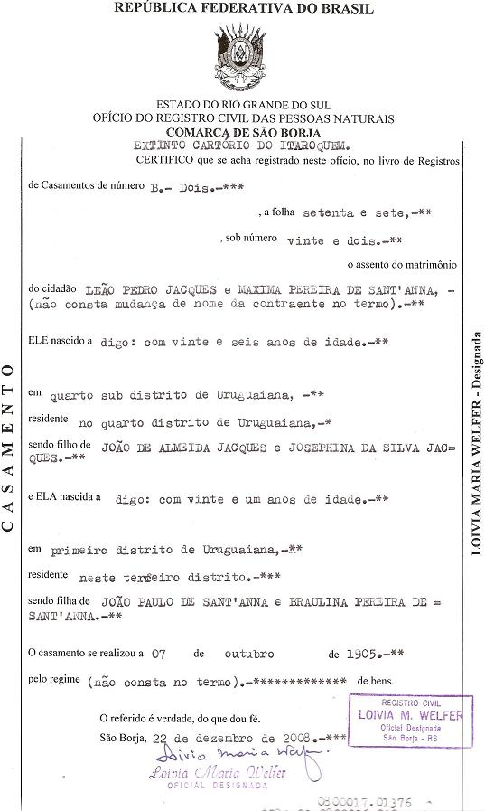 Certidão de Casamento Pais de Silvino